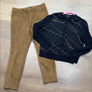 Ann Taylor Black and Brown Chain Print Cardigan with Tan Pants horse-bit l/12